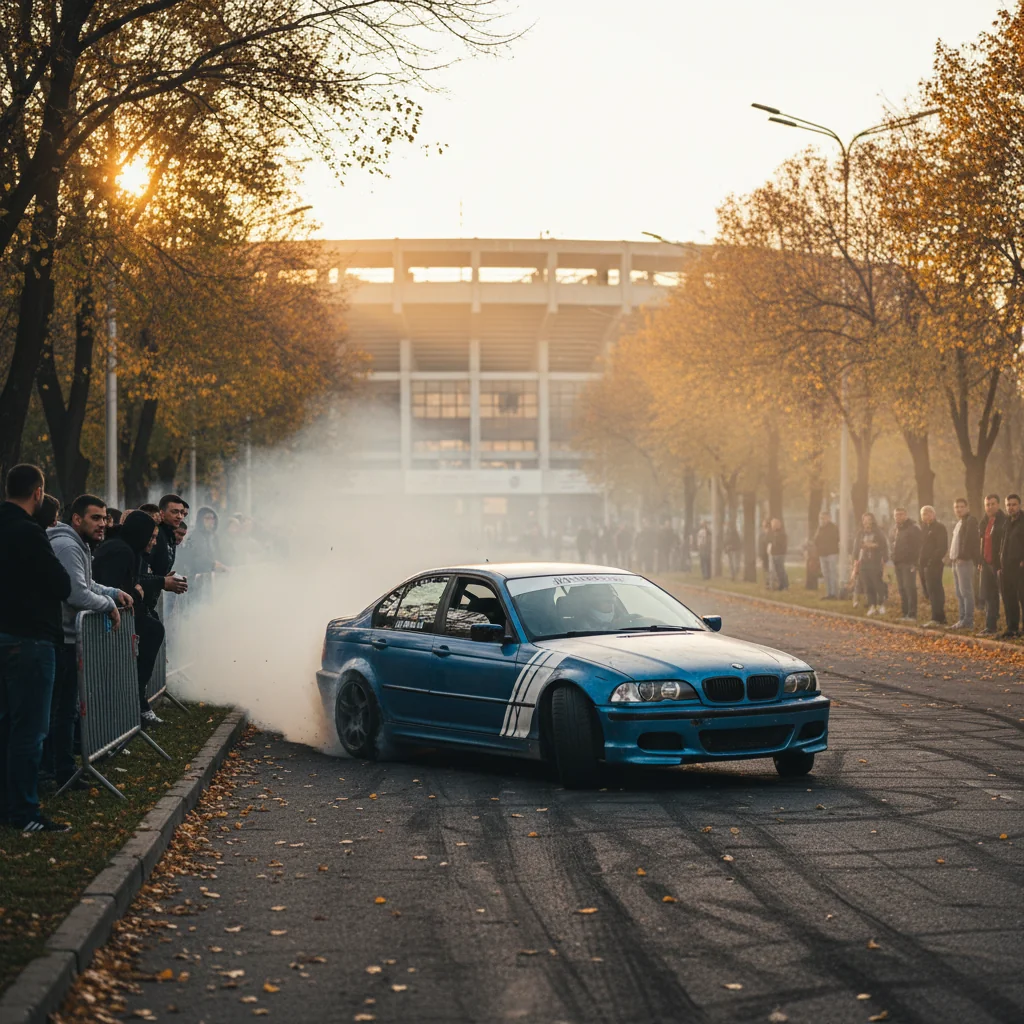 Drifturi cu BMW pe aleea spre Sala Sporturilor Olimpia din Ploiești, surprinse pe filmare